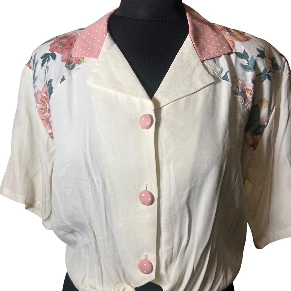 Vintage Fritzi Petites Floral Polka Dot Tie Front Blouse White Pink PM 9136-ZG3P - Picture 11 of 14